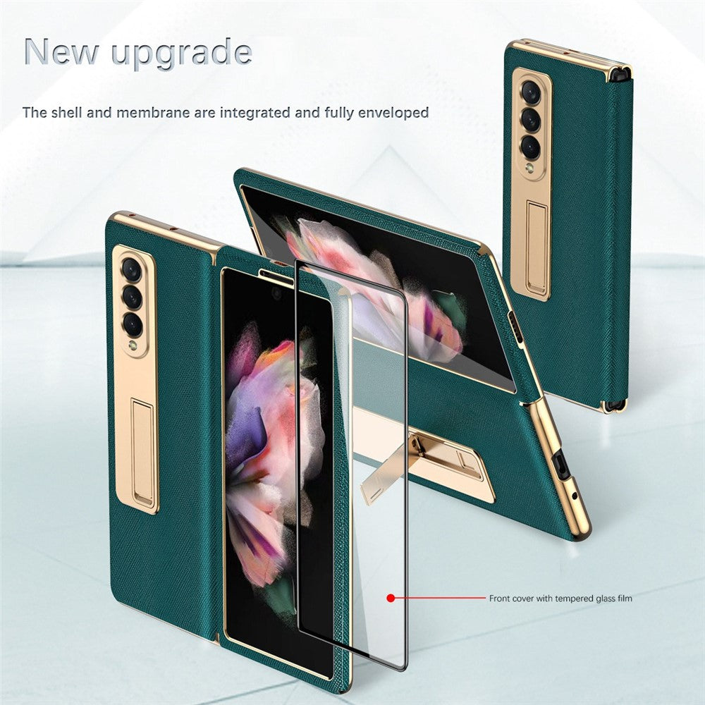 Fallsäkert bakskal för Samsung Galaxy Z Fold3 5G, galvaniserat korsstrukturerat mobilskal med stöd och härdat glasfilm