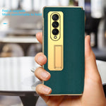 Fallsäkert bakskal för Samsung Galaxy Z Fold3 5G, galvaniserat korsstrukturerat mobilskal med stöd och härdat glasfilm