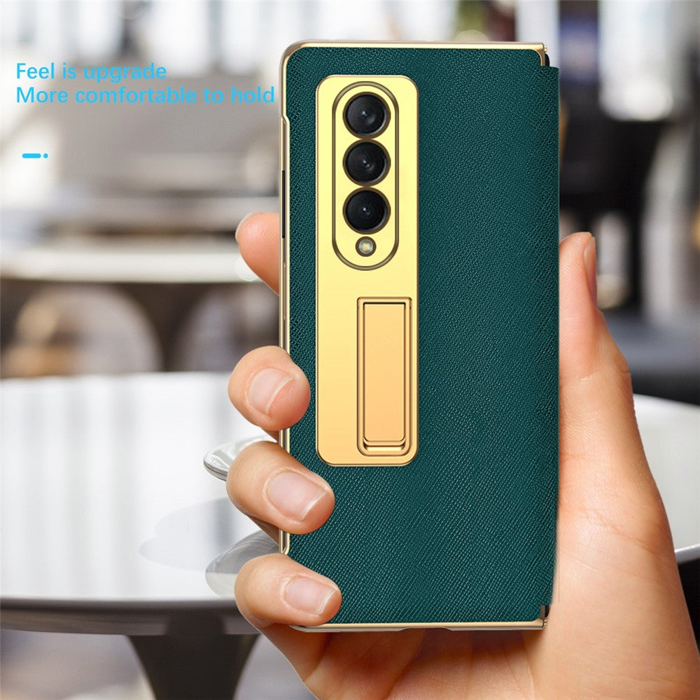 Fallsäkert bakskal för Samsung Galaxy Z Fold3 5G, galvaniserat korsstrukturerat mobilskal med stöd och härdat glasfilm