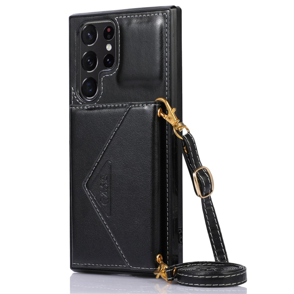 For Samsung Galaxy S22 Ultra 5G PU Leather Coated TPU Phone Case  Scratch-resistant Kickstand Card Slots Cover with Shoulder Strap