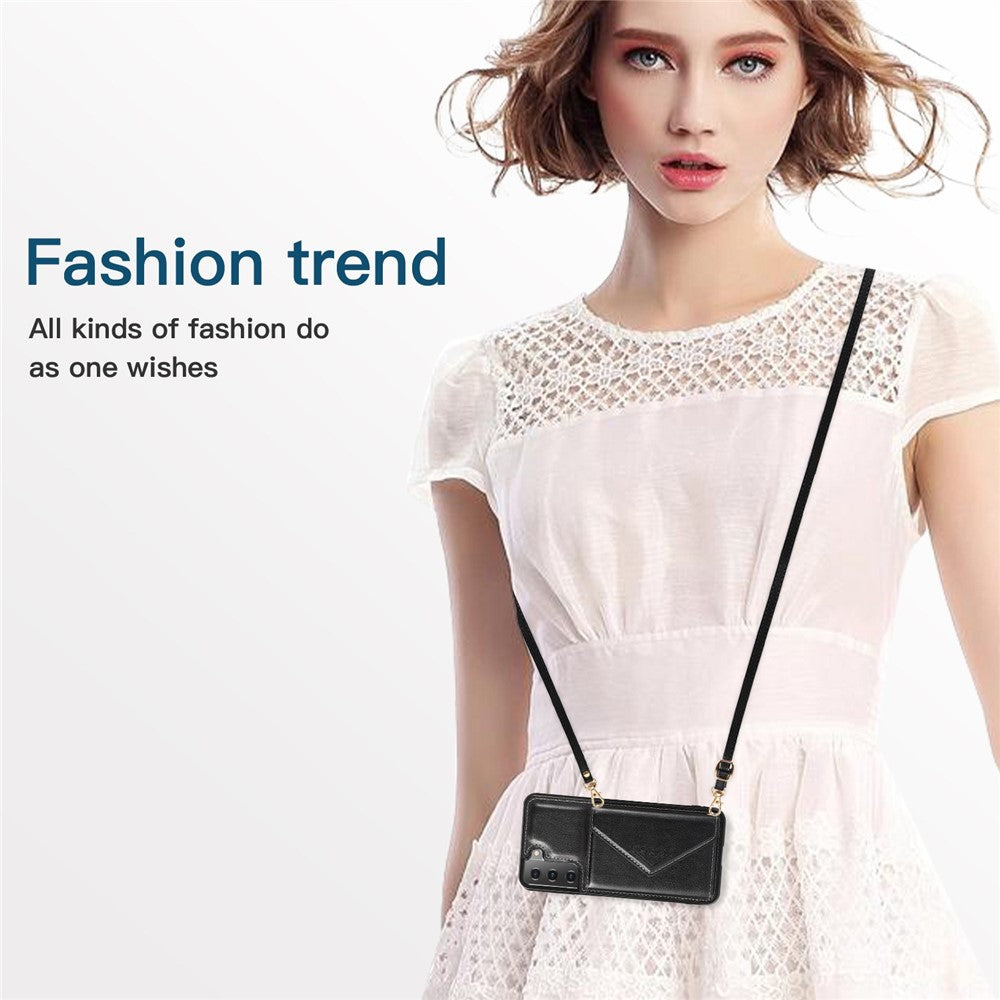 For Samsung Galaxy S22+ 5G Card Holder Kickstand Leather Coated TPU Case Crossbody Phone Bag Cover with Shoulder Strap
