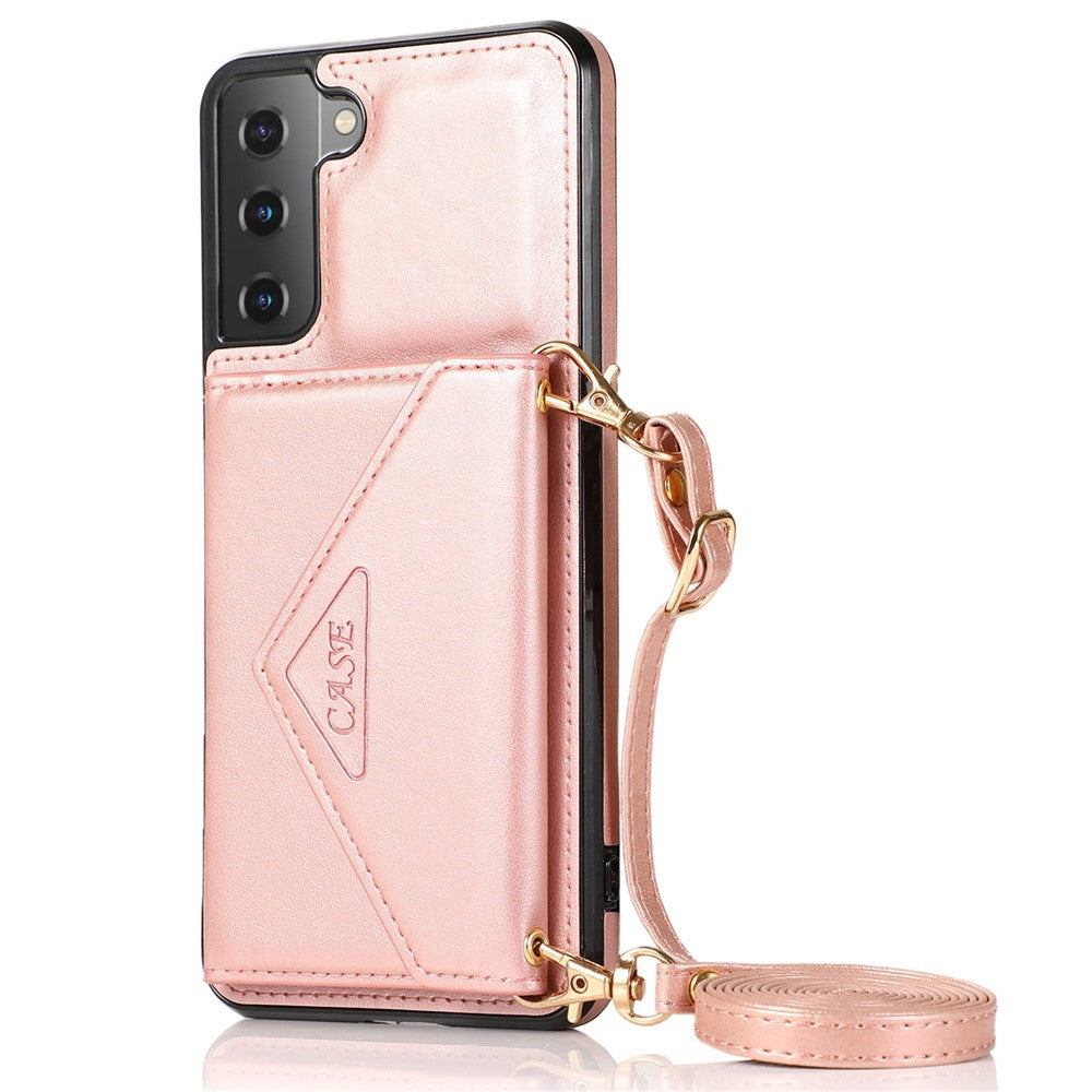 For Samsung Galaxy S22+ 5G Card Holder Kickstand Leather Coated TPU Case Crossbody Phone Bag Cover with Shoulder Strap
