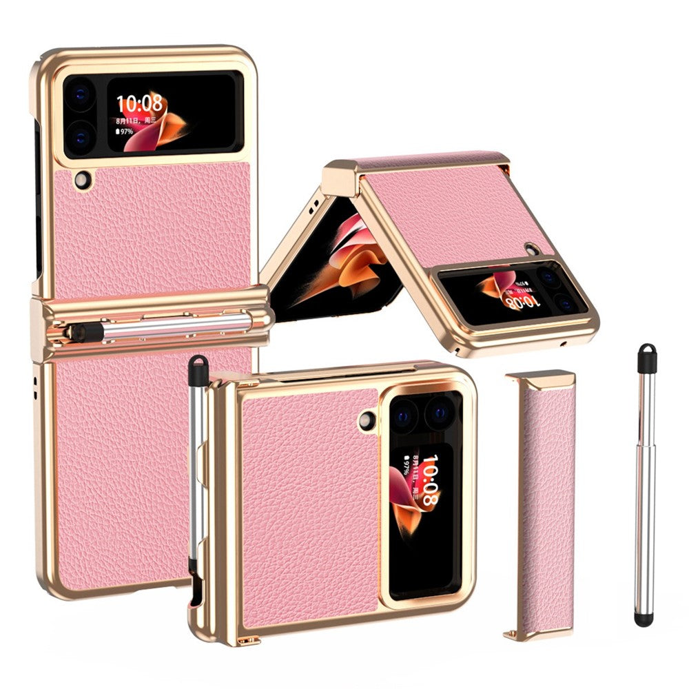 For Samsung Galaxy Z Flip4 5G Litchi Texture Electroplating Phone Case Double Hinge Design Leather Coated PC Cover with Stylus Pen