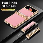 For Samsung Galaxy Z Flip4 5G Litchi Texture Electroplating Phone Case Double Hinge Design Leather Coated PC Cover with Stylus Pen