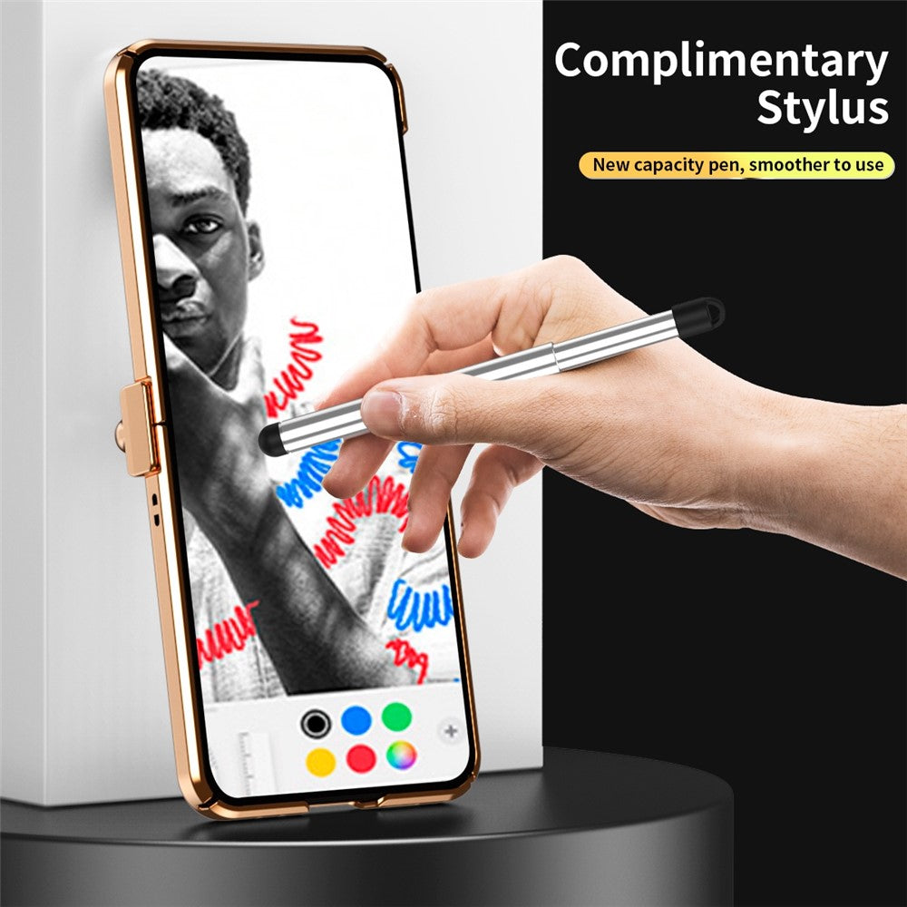 For Samsung Galaxy Z Flip4 5G Litchi Texture Electroplating Phone Case Double Hinge Design Leather Coated PC Cover with Stylus Pen