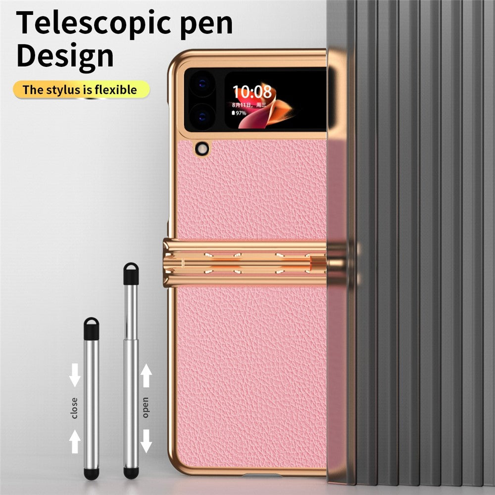 For Samsung Galaxy Z Flip4 5G Litchi Texture Electroplating Phone Case Double Hinge Design Leather Coated PC Cover with Stylus Pen