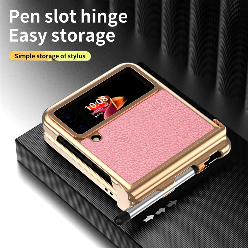For Samsung Galaxy Z Flip4 5G Litchi Texture Electroplating Phone Case Double Hinge Design Leather Coated PC Cover with Stylus Pen