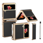 For Samsung Galaxy Z Flip4 5G Litchi Texture Electroplating Phone Case Double Hinge Design Leather Coated PC Cover with Stylus Pen