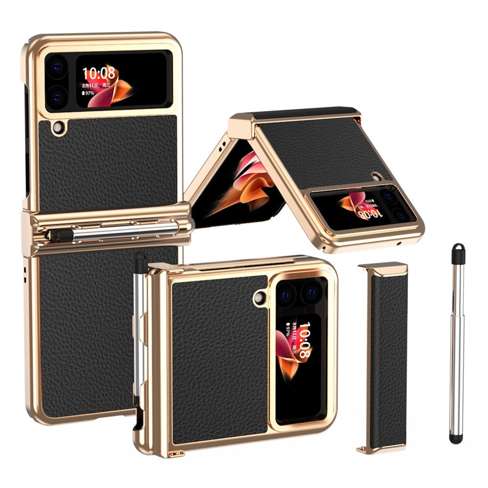 For Samsung Galaxy Z Flip4 5G Litchi Texture Electroplating Phone Case Double Hinge Design Leather Coated PC Cover with Stylus Pen