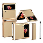 For Samsung Galaxy Z Flip4 5G Litchi Texture Electroplating Phone Case Double Hinge Design Leather Coated PC Cover with Stylus Pen