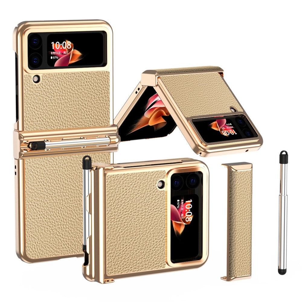 For Samsung Galaxy Z Flip4 5G Litchi Texture Electroplating Phone Case Double Hinge Design Leather Coated PC Cover with Stylus Pen