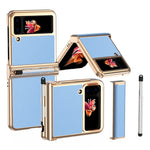 For Samsung Galaxy Z Flip4 5G Litchi Texture Electroplating Phone Case Double Hinge Design Leather Coated PC Cover with Stylus Pen