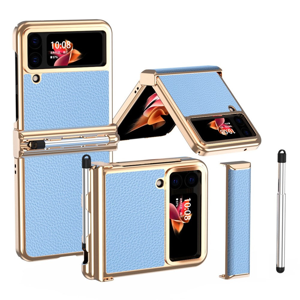 For Samsung Galaxy Z Flip4 5G Litchi Texture Electroplating Phone Case Double Hinge Design Leather Coated PC Cover with Stylus Pen