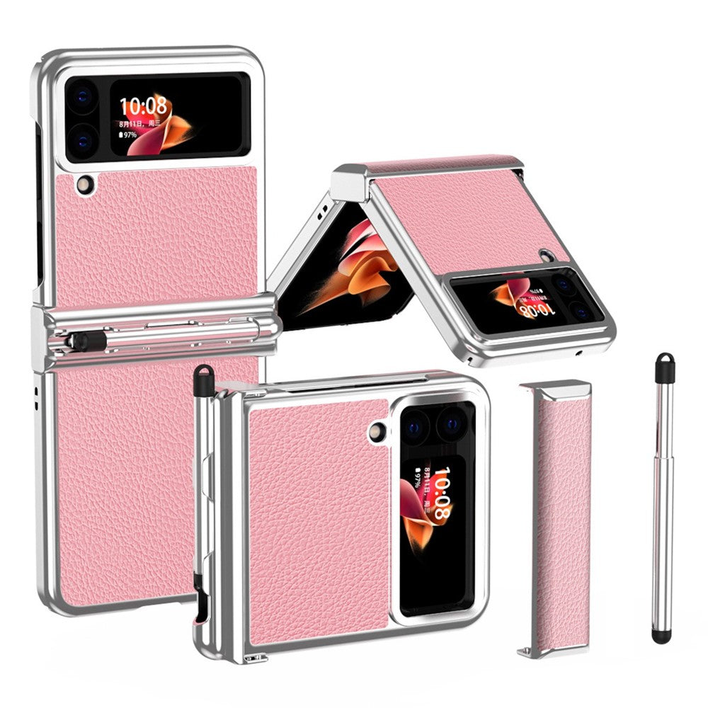 For Samsung Galaxy Z Flip4 5G Litchi Texture Electroplating Phone Case Double Hinge Design Leather Coated PC Cover with Stylus Pen