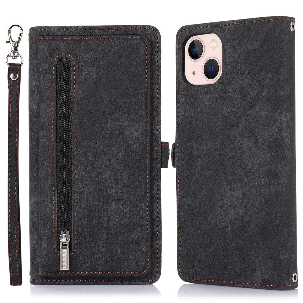 Til iPhone 14 6,1 tommer lynlåslomme design 9 kortpladser telefonpung etui PU læder stander stødsikkert cover med håndledsrem
