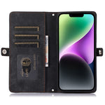 For iPhone 14 6.1 inch Zipper Pocket Design 9 Card Slots Phone Wallet Case PU Leather Stand Shockproof Cover with Wrist Strap
