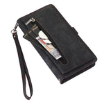 For iPhone 14 6.1 inch Zipper Pocket Design 9 Card Slots Phone Wallet Case PU Leather Stand Shockproof Cover with Wrist Strap