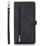 For iPhone 14 6.1 inch Zipper Pocket Design 9 Card Slots Phone Wallet Case PU Leather Stand Shockproof Cover with Wrist Strap