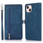 For iPhone 14 6.1 inch Zipper Pocket Design 9 Card Slots Phone Wallet Case PU Leather Stand Shockproof Cover with Wrist Strap