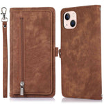 For iPhone 14 6.1 inch Zipper Pocket Design 9 Card Slots Phone Wallet Case PU Leather Stand Shockproof Cover with Wrist Strap