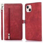 For iPhone 14 6.1 inch Zipper Pocket Design 9 Card Slots Phone Wallet Case PU Leather Stand Shockproof Cover with Wrist Strap