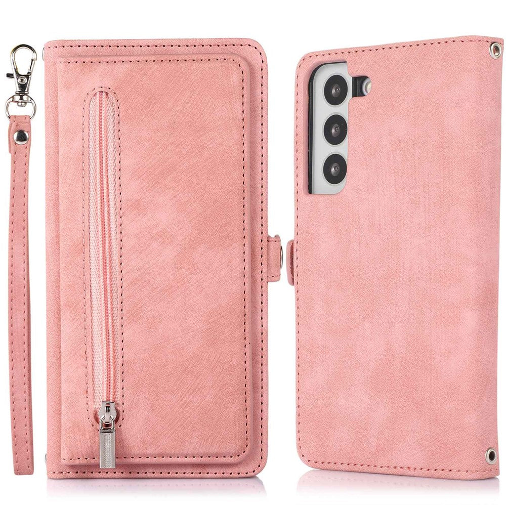 For Samsung Galaxy S22+ 5G Multi-Functional 9 Card Holder Leather Wallet Case Shockproof Zipper Pocket Purse Handbag Wrist Strap Cover