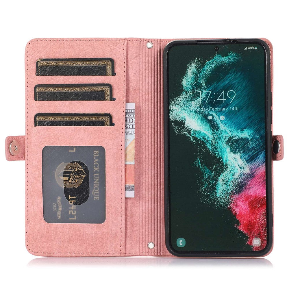 For Samsung Galaxy S22+ 5G Multi-Functional 9 Card Holder Leather Wallet Case Shockproof Zipper Pocket Purse Handbag Wrist Strap Cover