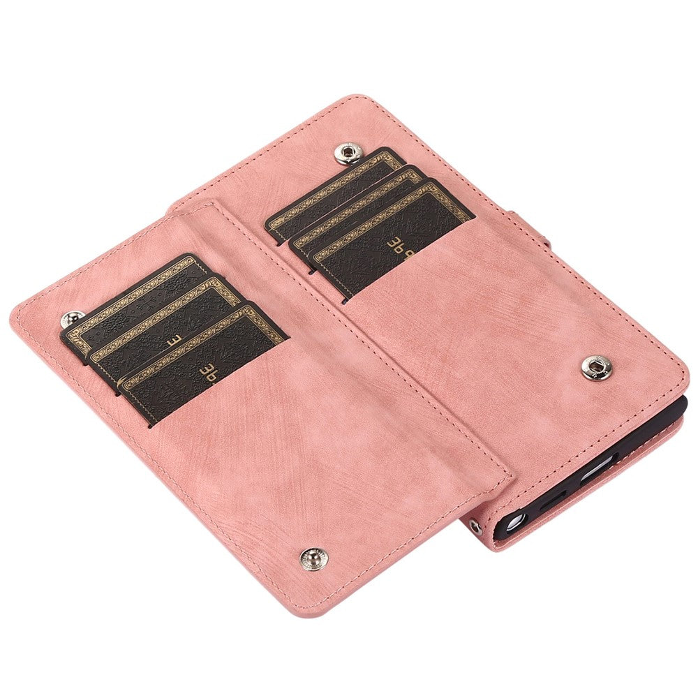 For Samsung Galaxy S22+ 5G Multi-Functional 9 Card Holder Leather Wallet Case Shockproof Zipper Pocket Purse Handbag Wrist Strap Cover