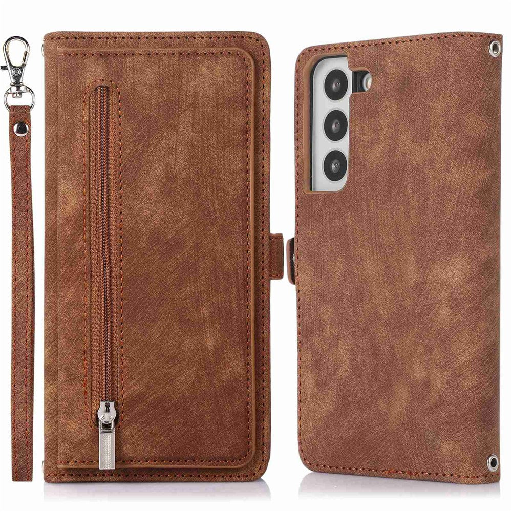 For Samsung Galaxy S22+ 5G Multi-Functional 9 Card Holder Leather Wallet Case Shockproof Zipper Pocket Purse Handbag Wrist Strap Cover