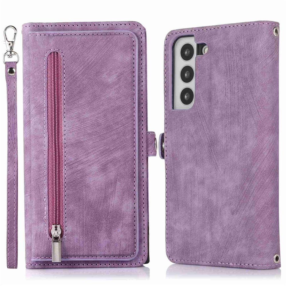 For Samsung Galaxy S22+ 5G Multi-Functional 9 Card Holder Leather Wallet Case Shockproof Zipper Pocket Purse Handbag Wrist Strap Cover