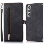 For Samsung Galaxy S22+ 5G Multi-Functional 9 Card Holder Leather Wallet Case Shockproof Zipper Pocket Purse Handbag Wrist Strap Cover