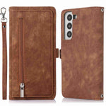 For Samsung Galaxy S21 5G PU Leather Zipper Flip Folio Wallet Case Multi-Functional 9 Card Holder Stand Cover with Wrist Strap