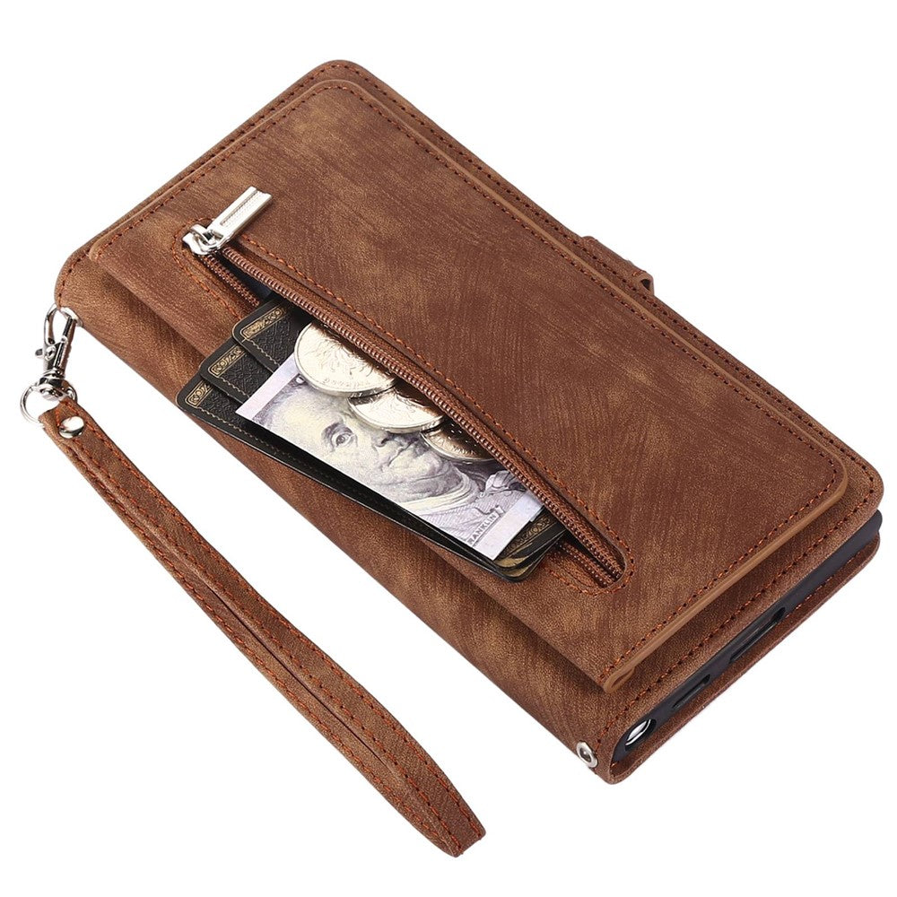 For Samsung Galaxy S21 5G PU Leather Zipper Flip Folio Wallet Case Multi-Functional 9 Card Holder Stand Cover with Wrist Strap