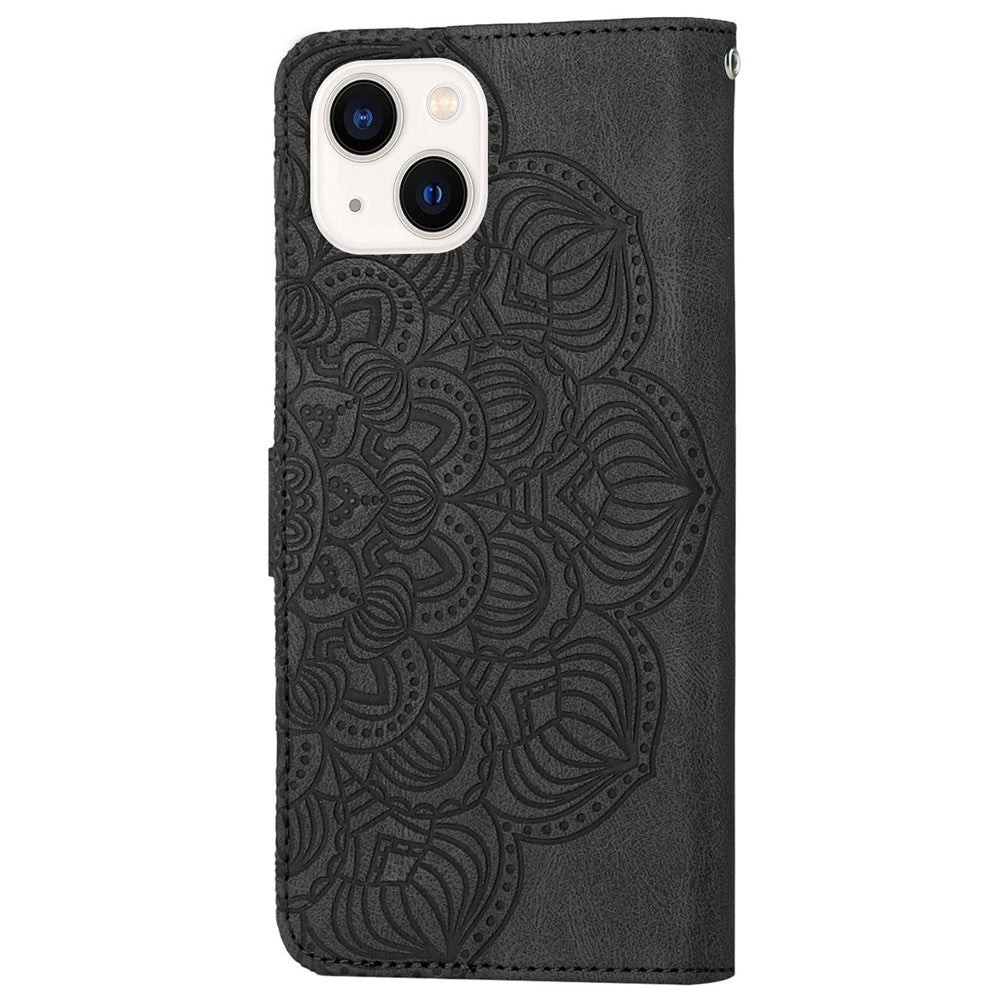Til iPhone 14 6,1 tommer pung-etui med mandala-blomstertryk i PU-læder, magnetisk flip-cover, standfunktion og håndrem