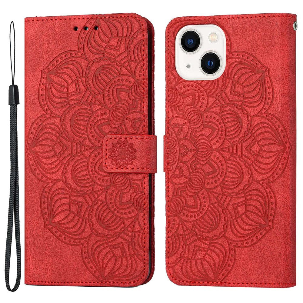 Til iPhone 14 6,1 tommer pung-etui med mandala-blomstertryk i PU-læder, magnetisk flip-cover, standfunktion og håndrem