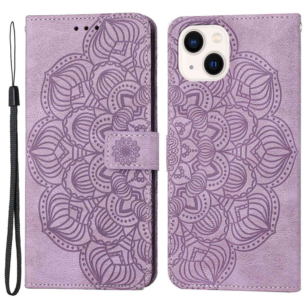 Til iPhone 14 6,1 tommer pung-etui med mandala-blomstertryk i PU-læder, magnetisk flip-cover, standfunktion og håndrem