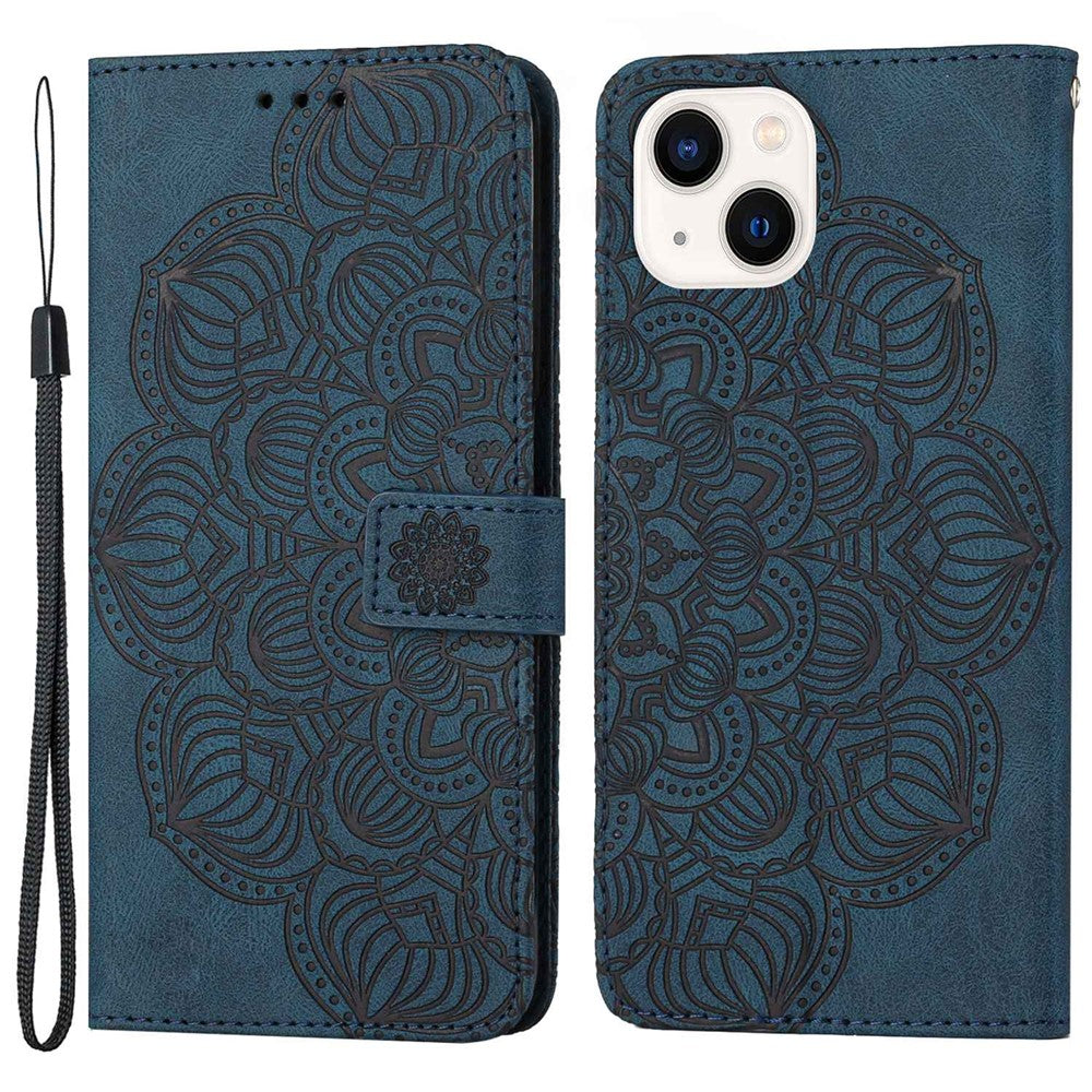 Til iPhone 14 6,1 tommer pung-etui med mandala-blomstertryk i PU-læder, magnetisk flip-cover, standfunktion og håndrem