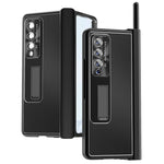 Samsung Galaxy Z Fold3 5G Litchi Texture Phone Case Double Hinge Leather Coated PC Cover with Tempered Glass Film and Stylus Pen