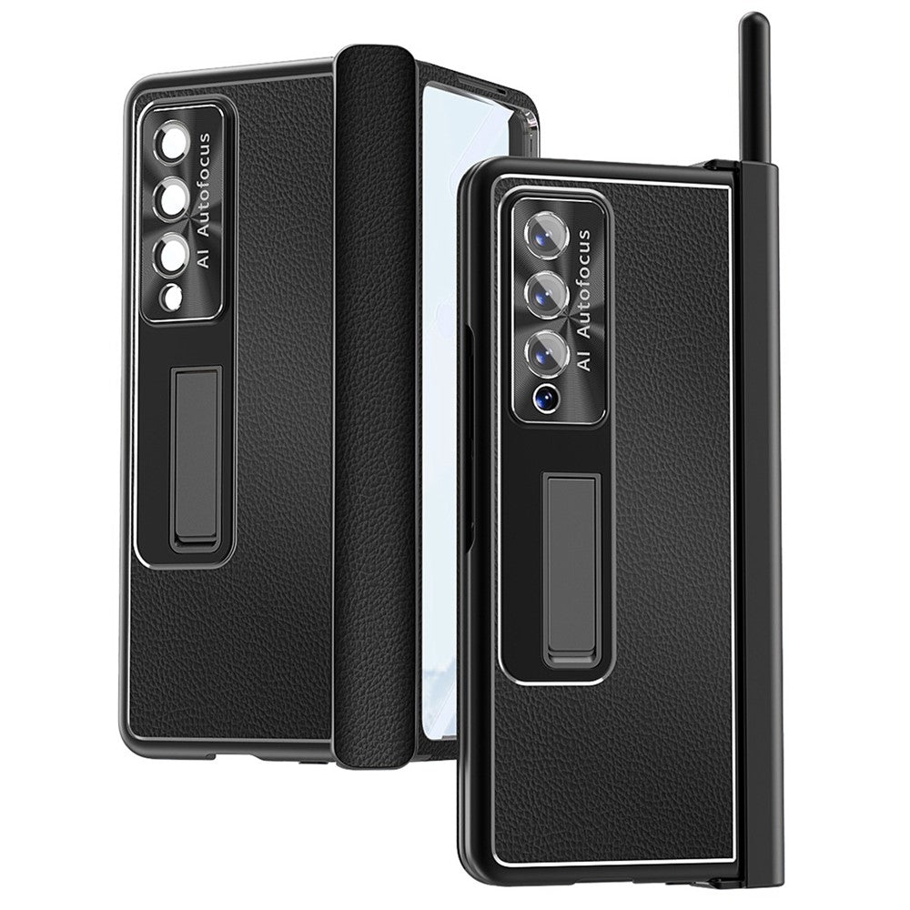 Samsung Galaxy Z Fold3 5G Litchi Texture Phone Case Double Hinge Leather Coated PC Cover with Tempered Glass Film and Stylus Pen