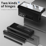 Samsung Galaxy Z Fold3 5G Litchi Texture Phone Case Double Hinge Leather Coated PC Cover with Tempered Glass Film and Stylus Pen