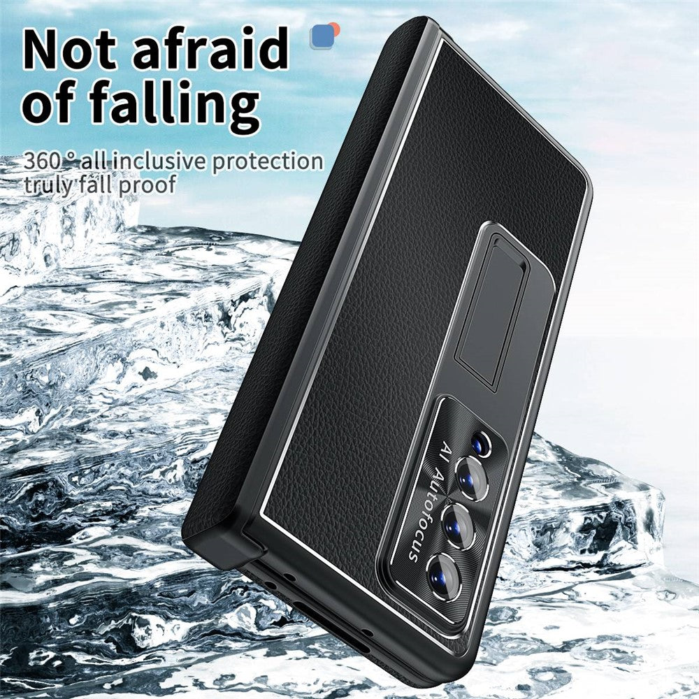 Samsung Galaxy Z Fold3 5G Litchi Texture Phone Case Double Hinge Leather Coated PC Cover with Tempered Glass Film and Stylus Pen