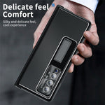Samsung Galaxy Z Fold3 5G Litchi Texture Phone Case Double Hinge Leather Coated PC Cover with Tempered Glass Film and Stylus Pen