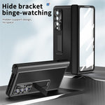 Samsung Galaxy Z Fold3 5G Litchi Texture Phone Case Double Hinge Leather Coated PC Cover with Tempered Glass Film and Stylus Pen