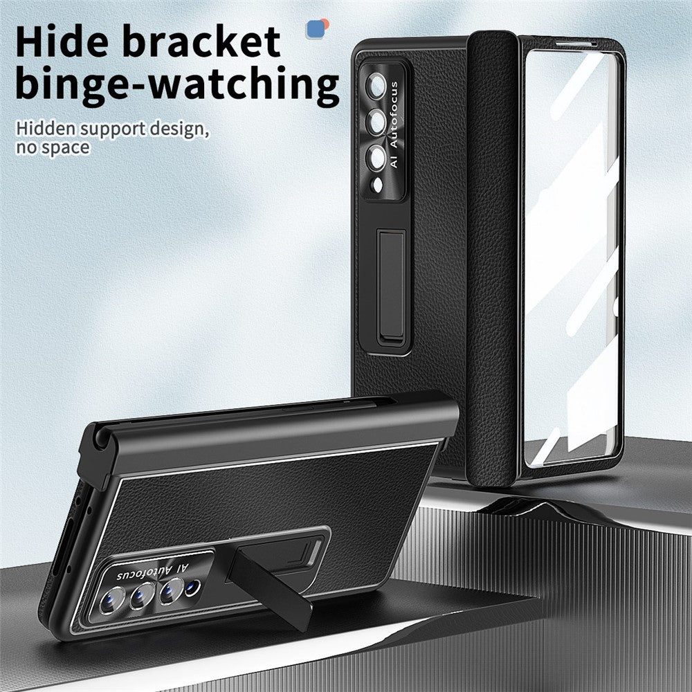 Samsung Galaxy Z Fold3 5G Litchi Texture Phone Case Double Hinge Leather Coated PC Cover with Tempered Glass Film and Stylus Pen