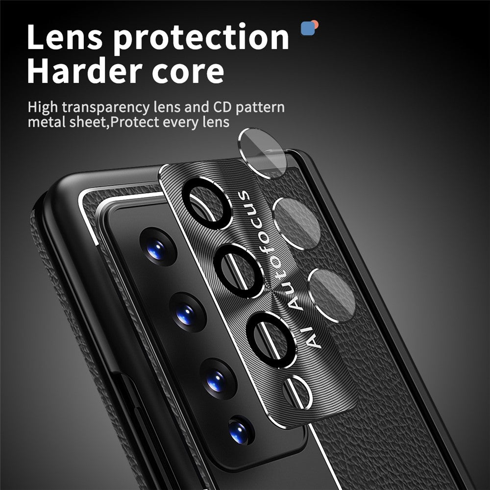 Samsung Galaxy Z Fold3 5G Litchi Texture Phone Case Double Hinge Leather Coated PC Cover with Tempered Glass Film and Stylus Pen