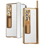 Samsung Galaxy Z Fold3 5G Litchi Texture Phone Case Double Hinge Leather Coated PC Cover with Tempered Glass Film and Stylus Pen