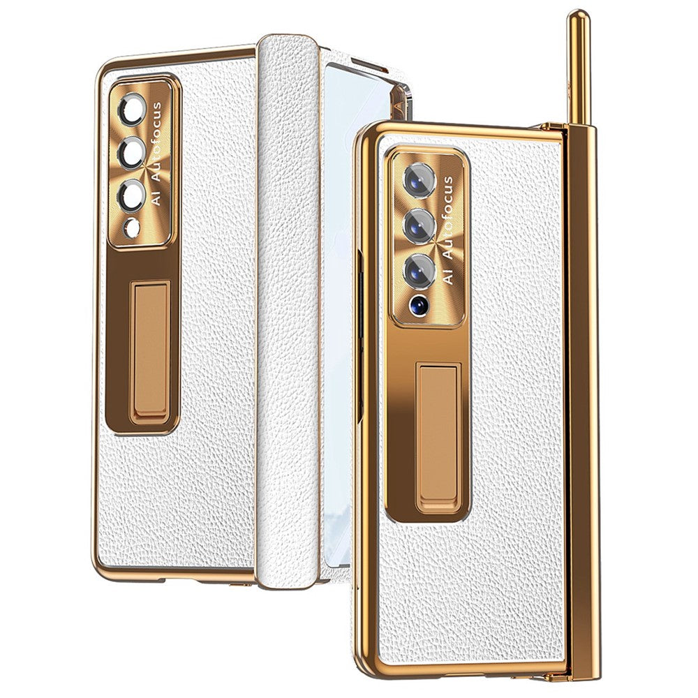 Samsung Galaxy Z Fold3 5G Litchi Texture Phone Case Double Hinge Leather Coated PC Cover with Tempered Glass Film and Stylus Pen