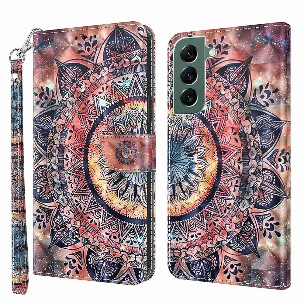 Phone Case For Samsung Galaxy S22+ 5G, Wallet Stand Style 3D Pattern Printing PU Leather + TPU Magnetic Shell with Strap