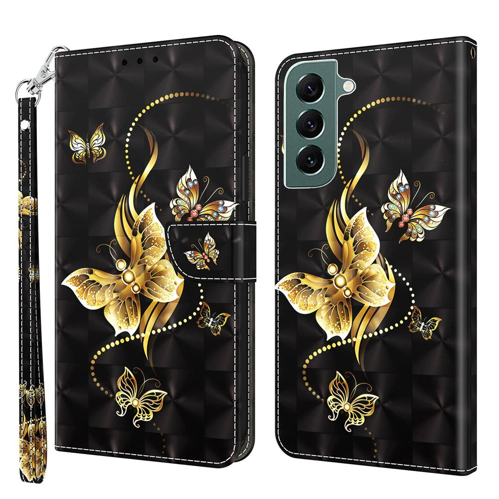 Phone Case For Samsung Galaxy S22+ 5G, Wallet Stand Style 3D Pattern Printing PU Leather + TPU Magnetic Shell with Strap