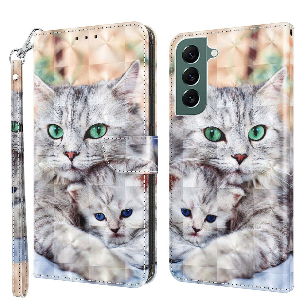 Phone Case For Samsung Galaxy S22+ 5G, Wallet Stand Style 3D Pattern Printing PU Leather + TPU Magnetic Shell with Strap